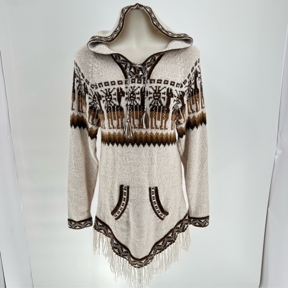 Artesania Eden Hoodie Fringe Aztec Sweater Size Large Beige Alpaca Made in Peru